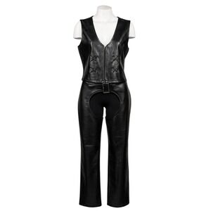 UNDERWRAPS Womens Black Faux Leather Biker Vest Chaps Pants Set L Punk Costume